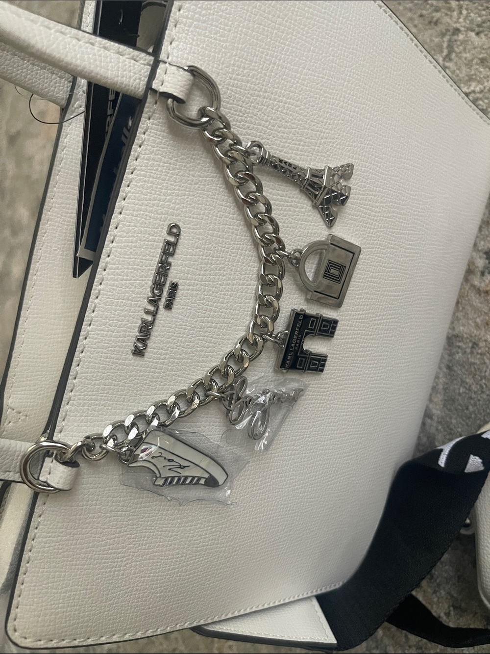 Karl Lagerfeld Ivory Leather Top-Handle Satchel with Charm Chain - Picture 3 of 3